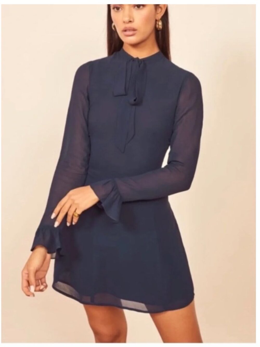 Reformation Fox Dress Navy Blue Tie-Neck Long-Sleeve Mini Dress bow 4